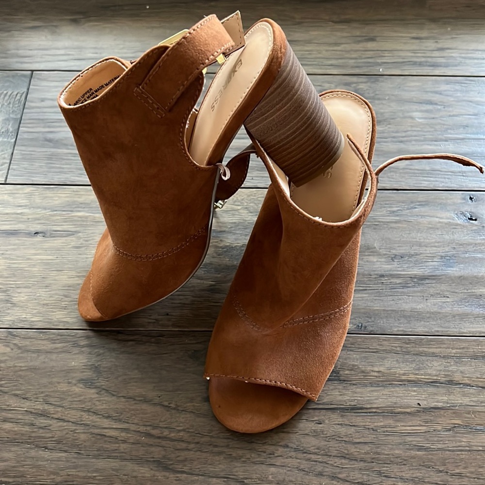 Express Brown Suede Open-Toe Block Heel Booties